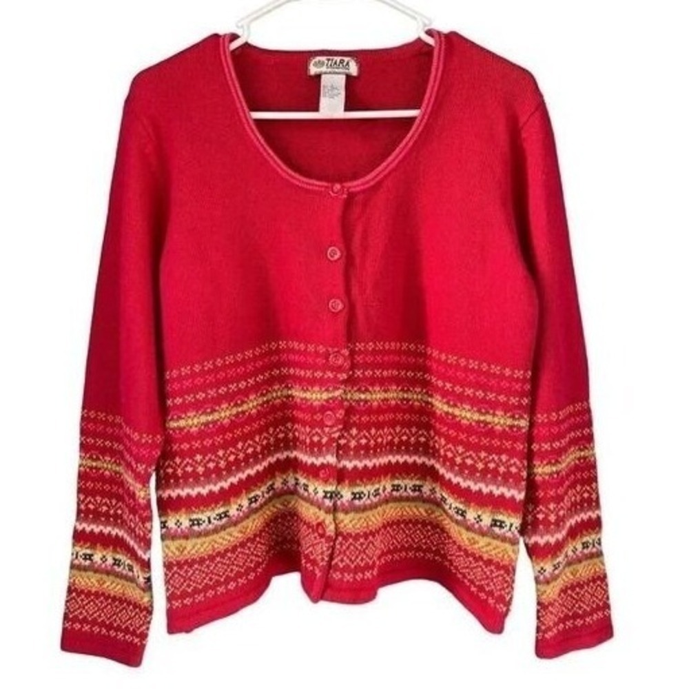 T6 90s Vintage Tiara International Red Fair Isle Cardigan‎ Sweater Ramie Cotton